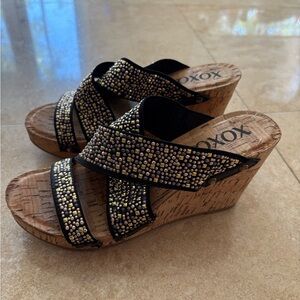 XOXO Black Wedge Sandals with Gold-Tone Stud Embellishments